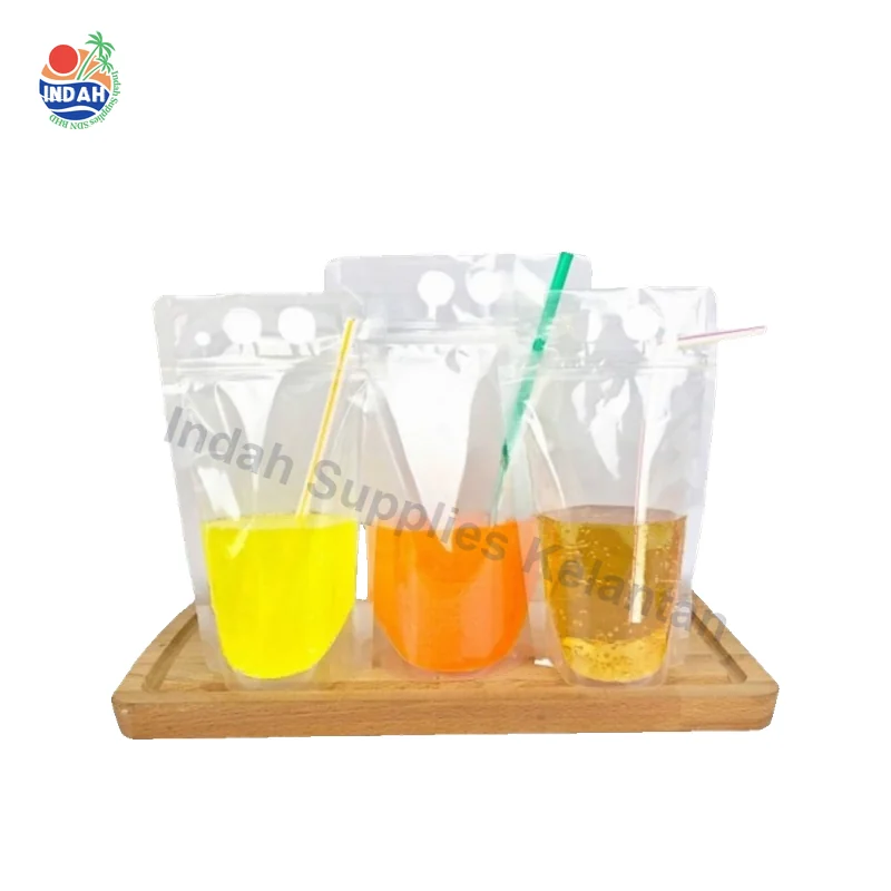 Beg Plastik Berdiri Untuk Air Minuman Dengan 2 Lubang Pemegang & Zip Lock