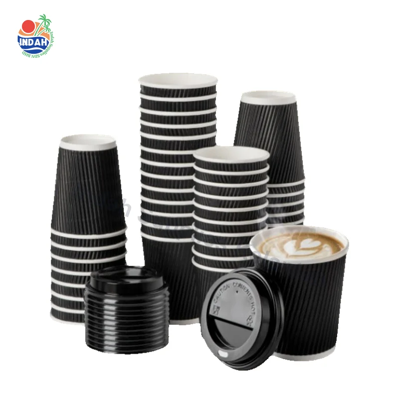 Cawan Kertas Berdinding Dua 8oz Hitam dengan Penutup 25pcs — Indah Plastic Trading Kelantan